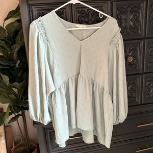 Flowy Puff Sleeve Blouse, Entro Brand, Blue Green Loose Fit Flattering Top